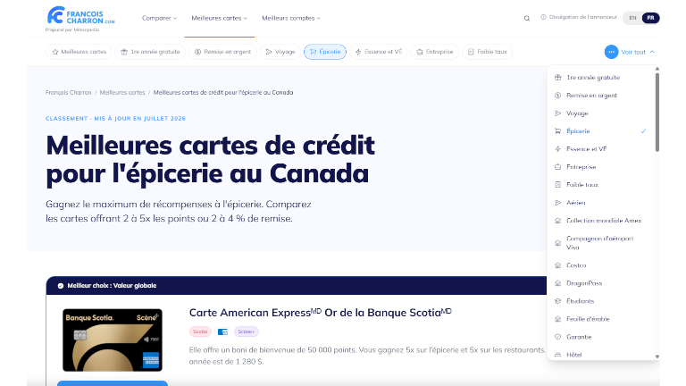 aper&ccedil;u sections outil comparateur cartes cr&eacute;dit